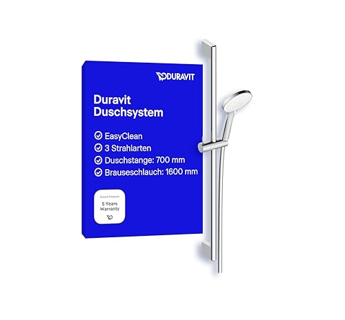 Duravit Universal Duschsystem, Duschset mit 3 Strahlarten (Rain, Intense Rain, Soft Rain), Duschstange (700 mm) mit höhenverstellbarer Handbrause, Brauseschlauch mit Verdrehschutz, Chrom/Weiß von Duravit