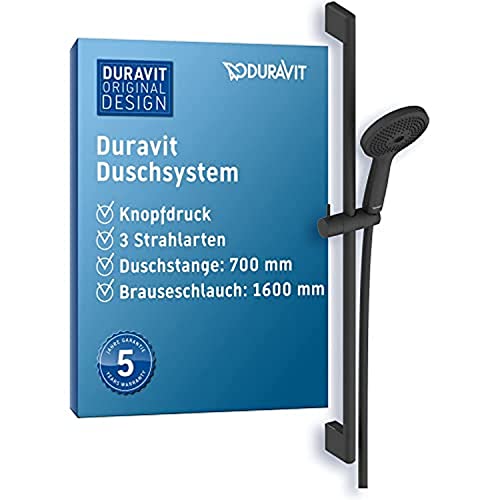 Duravit Universal Duschsystem, Duschset mit 3 Strahlarten (Rain, Pulse, Mono), Duschstange (700 mm) mit höhenverstellbarer Handbrause, Brauseschlauch mit Verdrehschutz, Schwarz Matt von Duravit