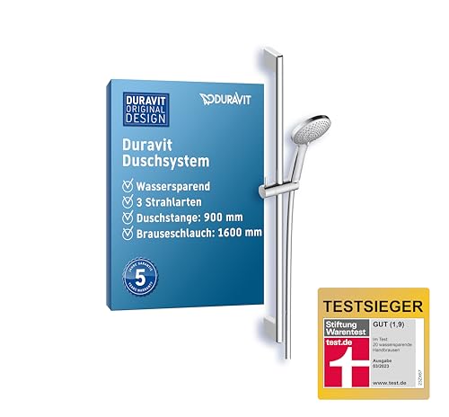 Duravit Universal Duschset, Duschkopf mit 3 Strahlarten (Rain, Intense Rain, Soft Rain), wassersparender Duschkopf mit Schlauch, variable Duschstange (900 mm), Duschschlauch (1600 mm), Chrom von Duravit