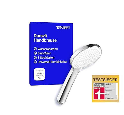 Duravit Universal Duschkopf, Duschbrause mit 3 Strahlarten (Rain, Intense Rain, Soft Rain), Handbrause rund (Ø 110 mm), mit wassersparender MinusFlow-Funktion, reinigungsfreundlich, Chrom/Weiß von Duravit