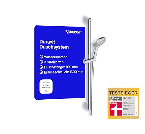 Duravit Universal Duschset, Duschkopf mit 3 Strahlarten (Rain, Intense Rain, Soft Rain), wassersparender Duschkopf mit Schlauch, variable Duschstange (700 mm), Duschschlauch (1600 mm), Chrom von Duravit