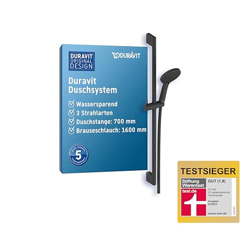 Duravit Universal Duschset, Duschkopf mit 3 Strahlarten (Rain, Intense Rain, Soft Rain), wassersparender Duschkopf mit Schlauch, variable Duschstange (700 mm), Duschschlauch (1600 mm), Schwarz Matt von Duravit