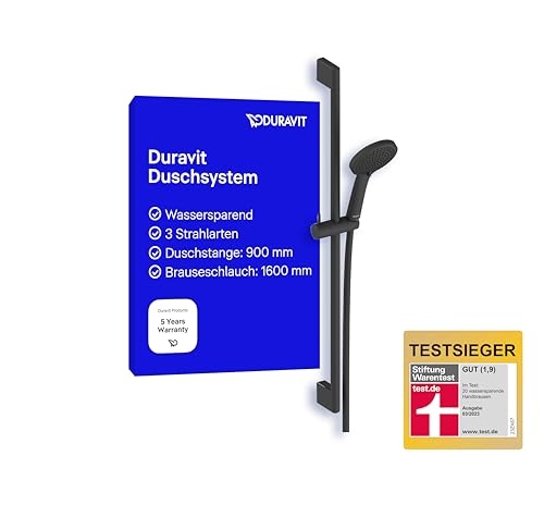 Duravit Universal Duschset, Duschkopf mit 3 Strahlarten (Rain, Intense Rain, Soft Rain), wassersparender Duschkopf mit Schlauch, variable Duschstange (900 mm), Duschschlauch (1600 mm), Schwarz Matt von Duravit