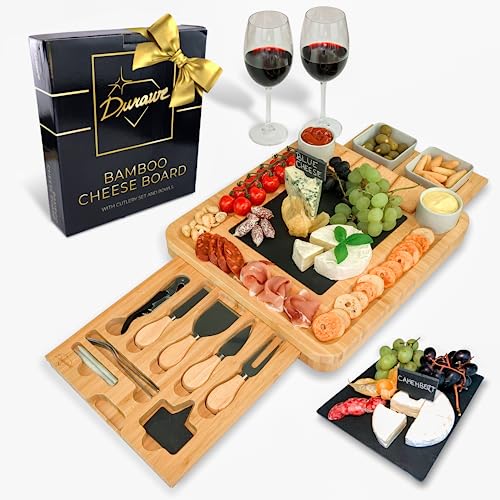 Bambus Käsebrett und Messer-Set Keramik-Schalen Weinöffner – 100% Bio-Holz Serviertablett Charcuterie Board perfekte Wahl für Gourmets, Geburtstagsgeschenke und Mütter von Durawe Company