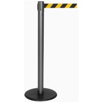 RS-GUIDESYSTEMS® Gurt-Absperrpfosten, Bodenteller aus Guss, Gurtbreite 50 mm, anthrazit, schwarz / gelb diagonal gestreift, 4,0 m von RS-GUIDESYSTEMS®