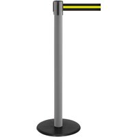 RS-GUIDESYSTEMS® Gurt-Absperrpfosten, Bodenteller aus Guss, Gurtbreite 50 mm, anthrazit, schwarz / gelb horizontal gestreift, 2,3 m von RS-GUIDESYSTEMS®