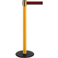 RS-GUIDESYSTEMS® Gurt-Absperrpfosten, Bodenteller aus Guss, Gurtbreite 50 mm, gelb, schwarz / rot horizontal gestreift, 2,3 m von RS-GUIDESYSTEMS®