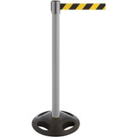 RS-GUIDESYSTEMS® Gurt-Absperrpfosten, Bodenteller aus Verbundwerkstoff, Gurtbreite 100 mm, anthrazit, schwarz / gelb diagonal gestreift von RS-GUIDESYSTEMS®