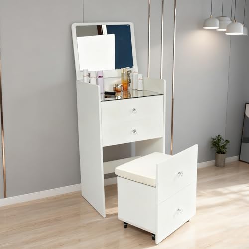 Durecoform 4 Schubladen Schminktisch mit Hocker und Spiegel, Kosmetiktisch mit Stauraum, Frisiertisch mit aufklappbarem Spiegel, sichtbarer Glasplatte, offenen Fächern, modern, Weiß von Durecoform