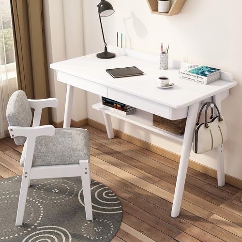 Durecoform Moderner Schreibtisch – Massivholzschreibtisch mit 2 Schubladen und Aufbewahrungsregal für Home Office, Arbeitszimmer, Arbeitsplatz, funktionaler Computertisch von Durecoform