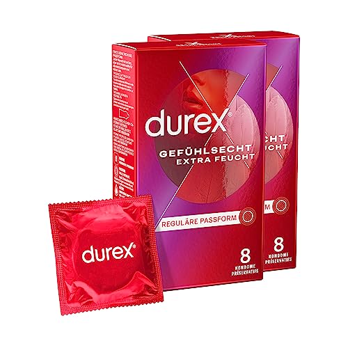Durex Gefühlsecht Extra Feucht Kondome – Hauchzarte Kondome für intensives Empfinden - mit extra Gleitgelbeschichtung – 2er Pack (2 x 8 Stück) von Durex
