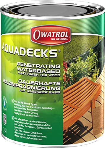 OWATROL – AQUADECKS – 1 L – Teak – Holzsättiger matt auf wässriger Basis, für den Schutz von tropischem Holz im Außenbereich Teak Ipe Bangkirai Akazie Massaranduba von OWATROL