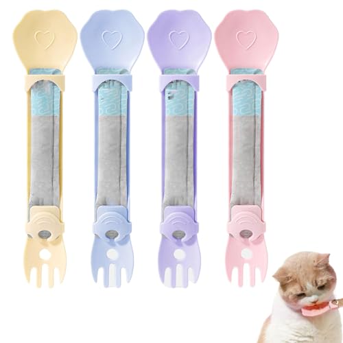 Duroecsain Futterlöffel aus Band für Katzen, Leckerli-Löffel für Katzen – 4 x Futterspender für Katzen, zum Auspressen für Katzenband, Futterstation mit Stäbchen von Duroecsain