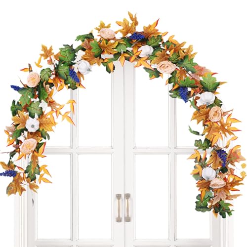 Duroecsain Herbstblätter-Girlande, Herbstgirlande, künstliche Blättertürgirlande, Beeren, Kürbisse, Thanksgiving-Hausdekoration, hängende Ornamente von Duroecsain