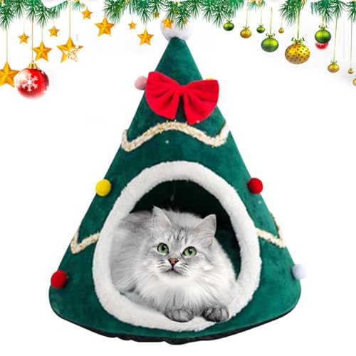 Duroecsain Katzenzelt in Form eines Weihnachtsbaums, Weihnachtsbaumbett für Katzen – Zelthaus für Haustiere aus Plüsch | Katzenhaus, Weihnachts-Katzenhaus, warme und gemütliche Höhle, Nest von Duroecsain