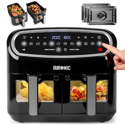 Duronic AF24 Heißluftfritteuse | Doppel-Fritteuse mit 9 Liter Volumen | Gleichzeitiges Kochen oder Fertigstellen | 10 voreingestellte Programme | Touch Control | Frittieren ohne Öl | 2400 Watt von Duronic
