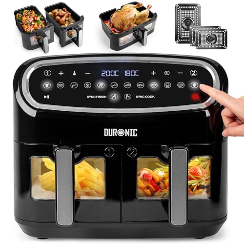 Duronic AF34 BK Heißluftfritteuse | XXL Doppel Fritteuse mit 2 Kammern und 10 Liter Volumen | Cook & Sync Finish | 2400 W Dual Zone Air Fryer | Touch-Bedienung | HLF mit 10 Programme | Kochen ohne Öl von Duronic