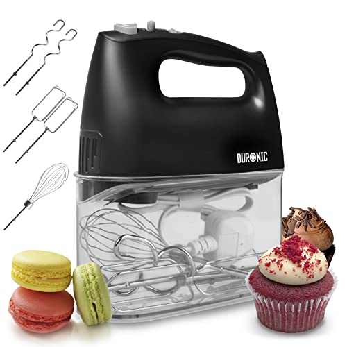 Duronic HM4 BK Handrührer, Mixer mit Rührbesen, Knethaken und Schneebesen, Handmixer mit Aufbewahrungsbox, 400W Handrührgerät, 5 Geschwindigkeitsstufen und Turbo, Kuchen mit Eiercreme-Food-Beater von Duronic
