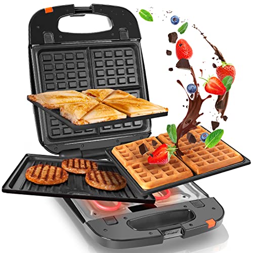 Duronic SWM60 3-in-1 Snackmaker - Belgische Waffeln, Sandwichtoaster und Kontaktgrill - 3 Antihaftbeschichtete Platten - Waffeleisen und Sandwichmaker für 4 Stück - Multifunktionsgerät 1200 Watt von Duronic