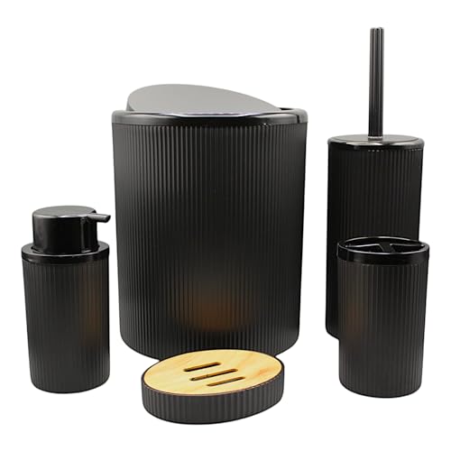 Dursed 5-teiliges Badezimmer-Zubehörset in moderner Riffeloptik: Zahnbürstenhalter, Seifenspender, WC-Bürste mit Halter, Seifenschale und Abfalleimer – Schwarz von Dursed