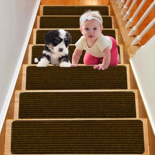 Duscdesp 15 Stück Treppenmatten, Treppenteppich Selbstklebend Antirutsch Treppe Stufenmatten Innen, Stufenteppich Treppen Teppich Treppenstufen für Kinder Ältere und Haustiere, 60x20cm (Braun) von Duscdesp