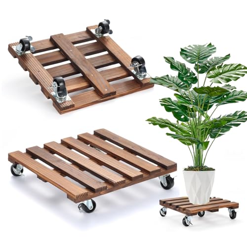 Duscdesp 2 Stück Pflanzenroller Quadratisch 30cm Blumenroller, Holz Rollbrett Pflanzen mit 360° Feststellbare Räder Schwerlastbereich Blumentopf Untersetzer mit Rollen Wetterfest (Dunkelbraun) von Duscdesp
