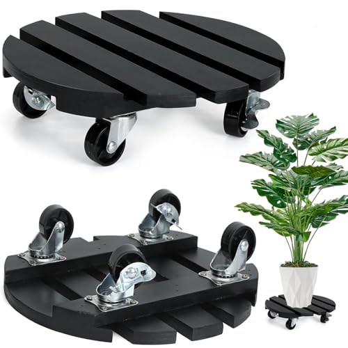 Duscdesp 2 Stück Pflanzenroller Rund 30cm Blumenroller, Holz Rollbrett Pflanzen mit 360° Feststellbare Räder Schwerlastbereich Blumentopf Untersetzer mit Rollen Indoor Outdoor Wetterfest (Schwarz) von Duscdesp