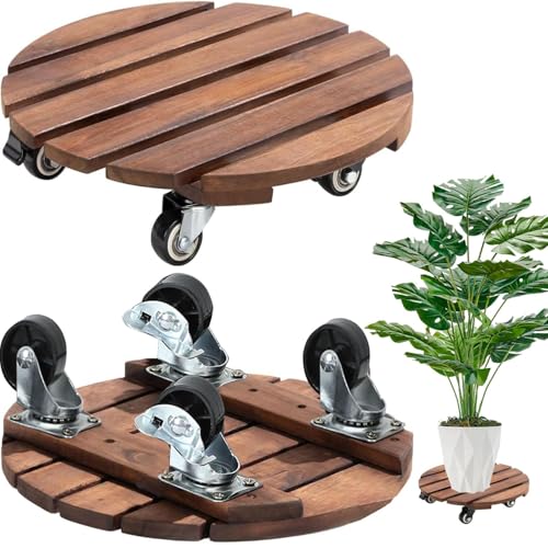 Duscdesp 2 Stück Pflanzenroller Rund 30cm Blumenroller, Holz Rollbrett Pflanzen mit 360° Feststellbare Räder Schwerlastbereich Blumentopf Untersetzer mit Rollen Indoor Outdoor Wetterfest (Dunkelbraun) von Duscdesp
