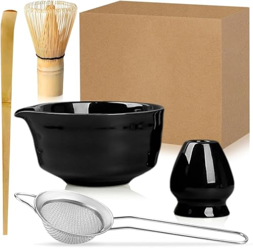 Duscdesp 5 Stück Matcha Set, Bambus Matcha Besen, Keramik Matcha Schale mit Ausgießer, Matcha Whisk, Schaufel, Sieb, Matcha Tee Set Ohne Pulver, Ceremonial Matcha Starter Set (Schwarz) von Duscdesp