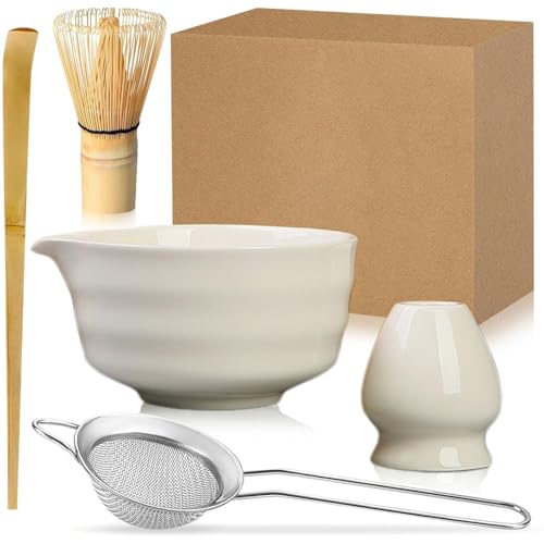 Duscdesp 5 Stück Matcha Set, Bambus Matcha Besen, Keramik Matcha Schale mit Ausgießer, Matcha Whisk, Schaufel, Sieb, Matcha Tee Set Ohne Pulver, Ceremonial Matcha Starter Set (Weiß) von Duscdesp