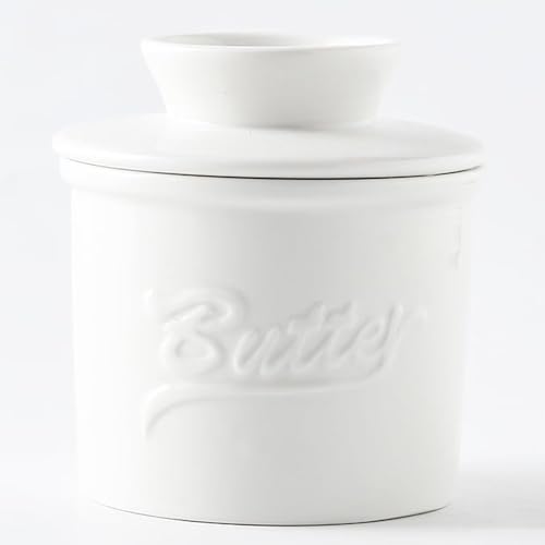 Duscdesp Butterdose Porzellan, Runde Butterbehälter Keramik mit Wasserkühlung, Französische Butterdose mit Deckel, Butterglocke Butterdosen für Frische und Streichfähige Butter (Weiß) von Duscdesp