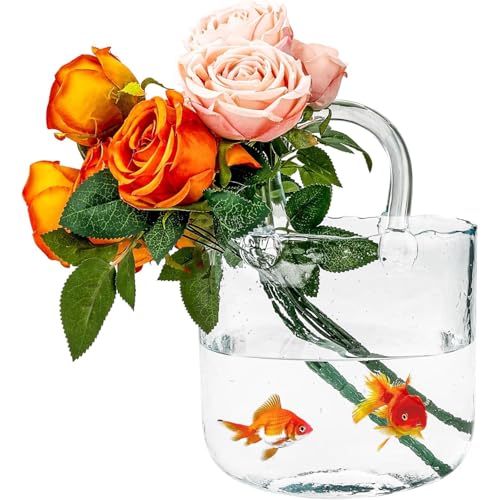 Duscdesp Vase Glas Handtasche Groß, Klare Vasen Bunt Handgemachte Blumenvase, Dekorative Glasvase Gross Vase Aesthetic, Tasche Glasvasen mit Griff für Langstielige Blumen, Obst, Fische (Transparente) von Duscdesp