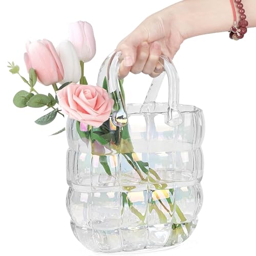 Duscdesp Vase Glas Handtasche Groß, Klare Vasen Bunt Handgemachte Blumenvase, Dekorative Glasvase Gross Vase Aesthetic, Tasche Glasvasen mit Griff für Langstielige Blumen, Obst, Kleine Fische von Duscdesp