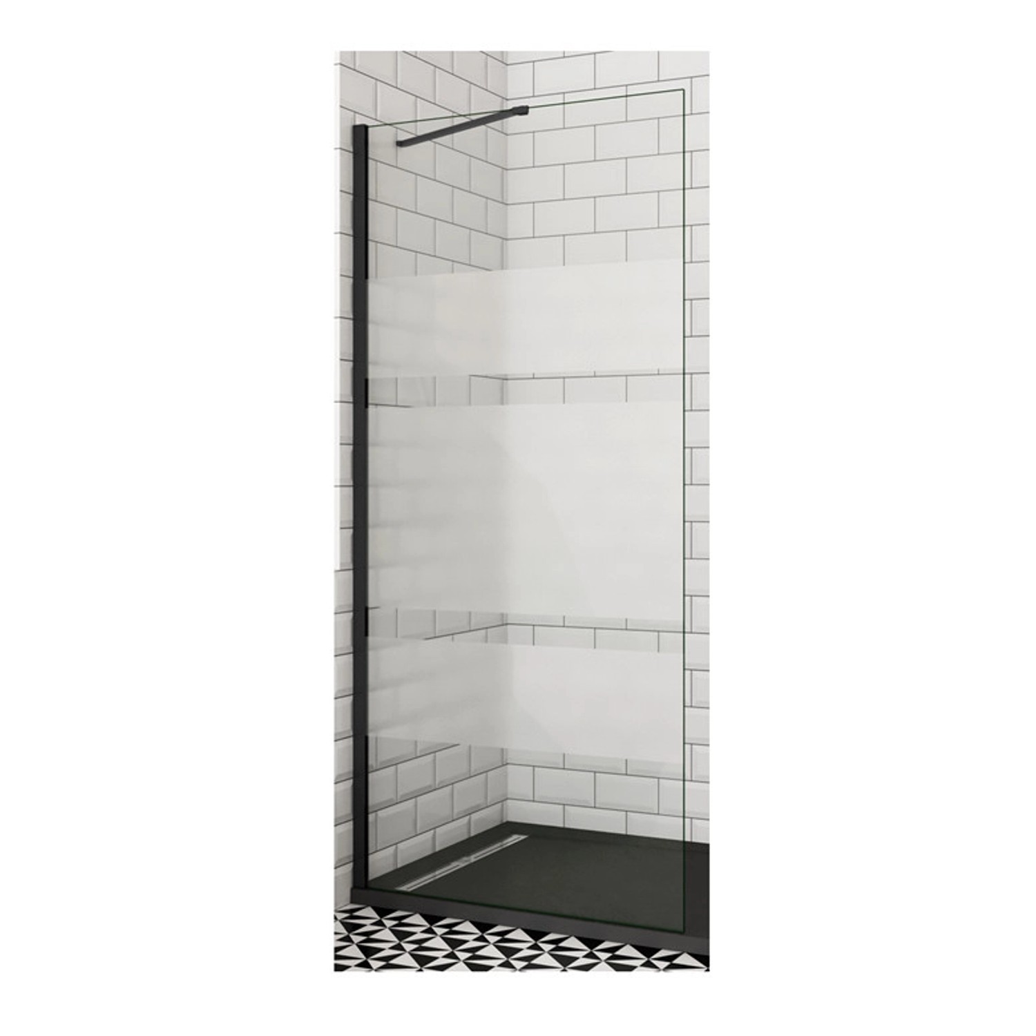 Duschparadies Walk In Dusche 60 x 190cm Duschabtrennung 6mm Nano Glas Seitenwand Satiniert Mit Streifen Mit 50cm Stabilisator Schwarzrahmen von Duschparadies