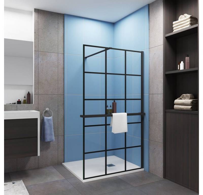 Duschparadies Walk-in-Dusche H:200cm 8mm Nano Glas schwarz Stabilisationsbügel Handtuchhalter, Einscheibensicherheitsglas von Duschparadies