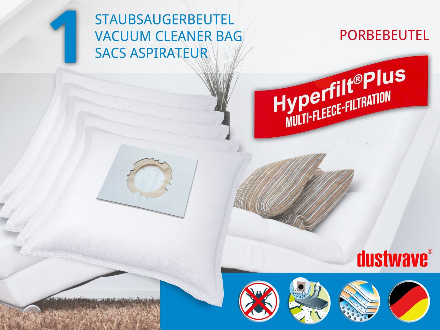 Dustwave Staubsaugerbeutel Superpack, passend für AmazonBasics G51, 40 St., Superpack, 40 Staubsaugerbeutel + 4 Hepa-Filter (ca. 15x15cm - zuschneidbar) von Dustwave