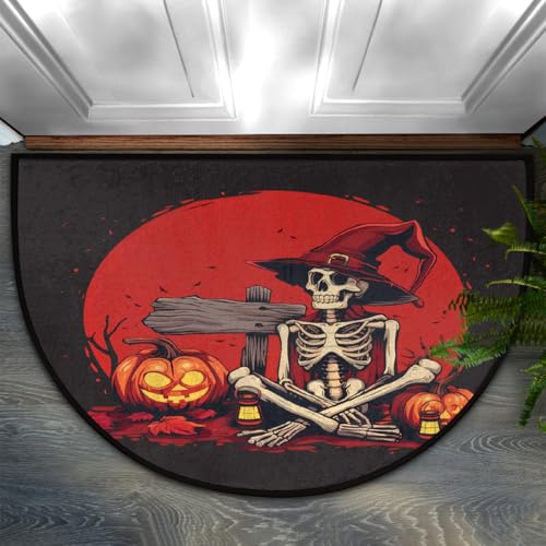Dusviba Fußmatte mit Cartoon-Skelett-Hexenhut, Halloween, halbrund, rutschfester Eingangsteppich, weiche, saugfähige Mikrofaser, halbrunde Fußmatte für Flur, Schlafzimmer, Garage, Terrasse Dusviba Fußmatte mit Cartoon-Skelett-Hexenhut, Halloween, halbrund, rutschfester Eingangsteppich, weiche, saugfähige Mikrofaser, halbrunde Fußmatte für Flur, Schlafzimmer, Garage, Terrasse von Dusviba