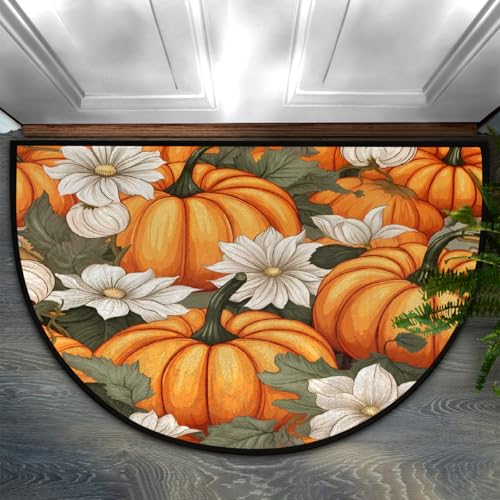 Dusviba Fußmatte mit Herbstkürbis-Blumenmuster, halbrund, rutschfester Eingangsteppich, weiche, saugfähige Mikrofaser, halbrund, Fußmatte für Flur, Schlafzimmer, Garage, Terrasse, Heimdekoration, 61 x von Dusviba