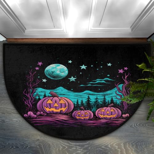 Dusviba Halbrunde Fußmatte mit Cartoon-Motiv, Halloween-Nacht, Kürbis, rutschfest, für den Eingangsbereich, weiche, saugfähige Mikrofaser, halbrund, Fußmatte für Flur, Schlafzimmer, Garage, Terrasse Dusviba Halbrunde Fußmatte mit Cartoon-Motiv, Halloween-Nacht, Kürbis, rutschfest, für den Eingangsbereich, weiche, saugfähige Mikrofaser, halbrund, Fußmatte für Flur, Schlafzimmer, Garage, Terrasse von Dusviba
