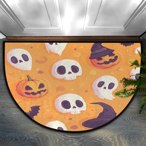 Dusviba Halloween-Fußmatte, Cartoon-Totenkopf-Kürbis, halbrund, rutschfester Eingangsteppich, weiche, saugfähige Mikrofaser, halbrund, Fußmatte für Flur, Schlafzimmer, Garage, Terrasse, Heimdekoration Dusviba Halloween-Fußmatte, Cartoon-Totenkopf-Kürbis, halbrund, rutschfester Eingangsteppich, weiche, saugfähige Mikrofaser, halbrund, Fußmatte für Flur, Schlafzimmer, Garage, Terrasse, Heimdekoration von Dusviba