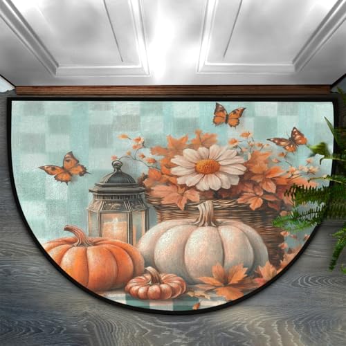 Dusviba Kürbisse Blumen Schmetterling halbrunde Fußmatte, rutschfester Eingangsteppich, weiche, saugfähige Mikrofaser, halbrunde Fußmatte für Flur, Schlafzimmer, Garage, Terrasse, Heimdekoration, 61 x von Dusviba