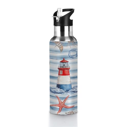 Nautical Lighthouse Seestern Isolierte Wasserflasche, 590 ml Vakuumflasche mit auslaufsicherem Deckel, Reise-Sportflasche für kalte und heiße Getränke, ideal für Fitnessstudio, Wandern, Camping, Büro von Dusviba