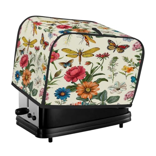 Retro Blumen Libellen Schmetterlinge Toaster Abdeckung 4 Scheiben für Küchengeräte Wasserdicht Oxford Stoff Geräteabdeckung mit Seitentasche & Griffschlaufe, Staubdicht & Verschleißfest von Dusviba