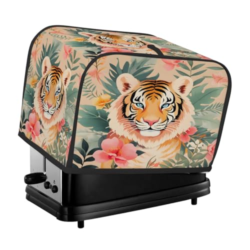 Retro Painting Tiger Floral Toaster Abdeckung 4 Scheiben für Küchengeräte Wasserdicht Oxford Stoff Geräteabdeckung mit Seitentasche & Griffschlaufe, Staubdicht & Verschleißfest von Dusviba