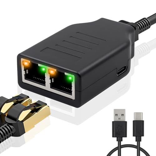 Duttek Ethernet Splitter, RJ45 Ethernet Splitter 1 zu 2, Ethernet Splitter High Speed 100Mbps Netzwerk-Splitter mit USB-C Stromkabel Internet Splitter für Cat5/5e/6/7/8 Kabel von Duttek