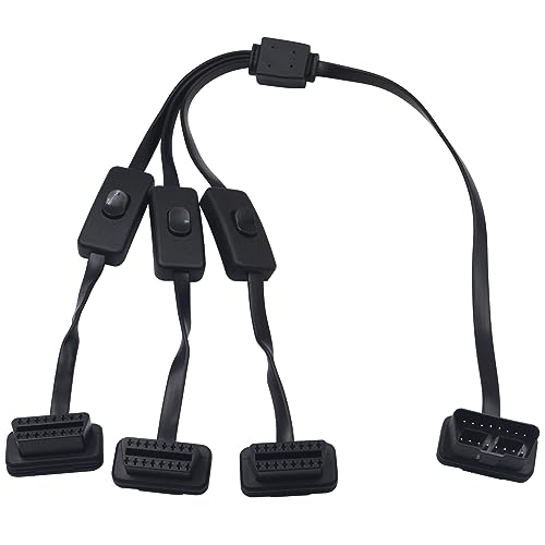 Duttek OBDII 1 zu 3 Y Splitter Kabel 2FT/60cm, Rechtwinkliges OBD2 Verlängerungskabel, 16pin Male to Female Y Splitter OBD2 Scanner Flat Cable für Alle OBD II Geräte (mit drei Schaltern) von Duttek