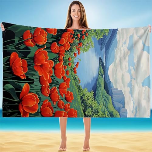 Rot Strandtuch, Strandtuch XXL 80x160cm, Strandhandtuch Mikrofaser mit Tasche, SaugfäHig und Schnell Trocknende Handtuch, Leichtes Badetuch for Damen, Groß Strandmatte, für Strand, Reise A-5131 von Duuanxin
