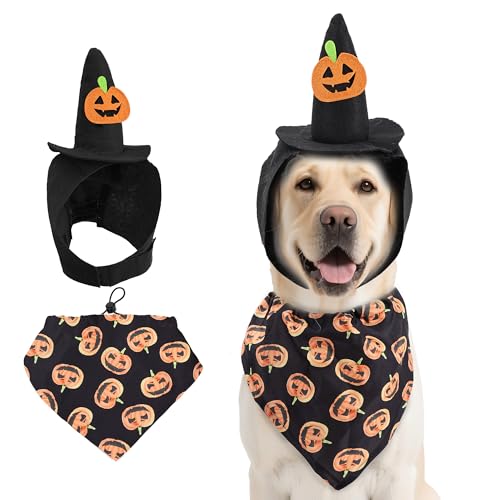 Duuclume Halloween-Kostüm-Set, verstellbare Hundehalstücher und Hüte für kleine bis große Hunde, Dreieckstücher, Cosplay-Kleidung für den Urlaub (Schwarz, L) von Duuclume