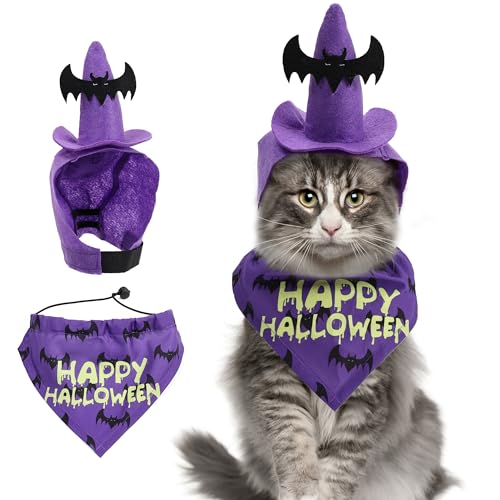 Duuclume Halloween-Kostüm-Set, verstellbare Hundehalstücher und Hüte für kleine bis große Hunde, Dreieckstücher, Cosplay-Kleidung für den Urlaub (lila, L) von Duuclume