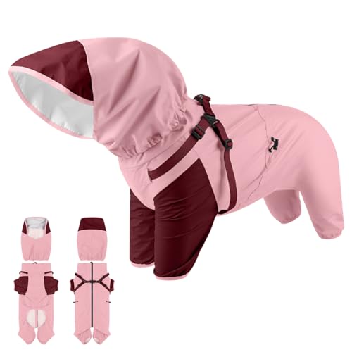 Duuclume Hunde-Regenmantel, wasserdichte Hundejacke mit abnehmbarer Kapuze und elastischen, verstellbaren Schnallen, leichte und lebendige 4-Beine-Haustier-Regenjacke mit atmungsaktivem Netz und Loch von Duuclume